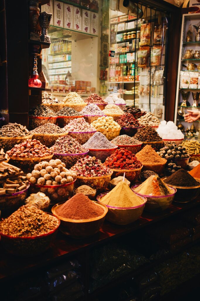 Spice souk stalls in Deira with sacks of spices